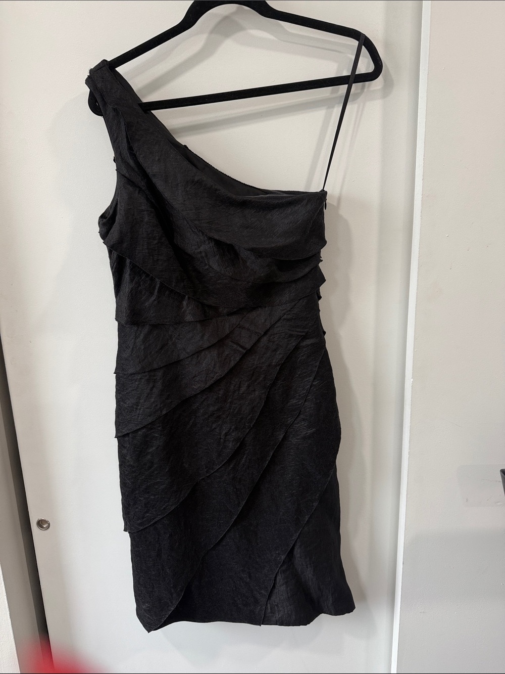 London Times Black One-Shoulder Layered Cocktail Dress